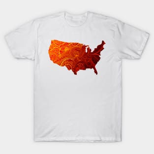 Colorful mandala art map of the United States of America in black and red with yellow T-Shirt